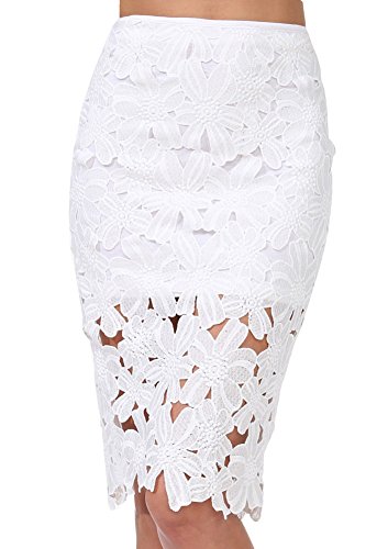 Sexy Womens White Floral Lace Pencil Skirts Cocktail Party Midi Dress (White)