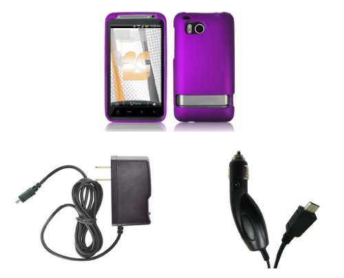 HTC Thunderbolt (Verizon) Premium Combo Pack - Royal Purple Rubberized Shield Hard Case Cover + Atom LED Keychain Light + Wall Charger + Car Charger