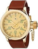 INVICTA RUSSIAN DIVER GMT WATCH GOLDTONE TAN DIAL BROWN STRAP 17110