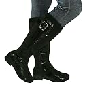 New Womens Black Patent Biker Buckle Flat Knee High Riding Boots