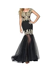 Fitted Crystal Applique Mermaid Scoop Neck Tulle Prom Dress  with a Brush/Sweep Train 