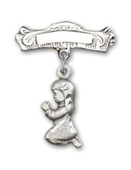 Sterling Silver Baby Badge with Praying Girl Charm and Arched Polished Badge Pin