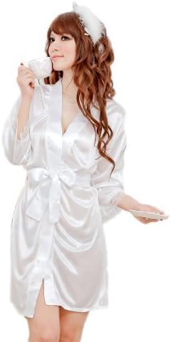 USAMZ909 New Style Satin Kimono robe sexy underwear With Satin Waistband Ladies High Quality Sleepwear Dress Free Size White by USAMZ909