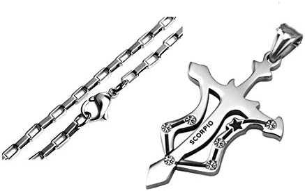Scorpio Stainless Steel Unique Sign Crosses Shape Fashion Pendant Necklace, Silver, 2.5 mm 24 inch Chain