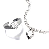 Sterling Silver Heart Ankle Bracelet + CZ Toe Ring Set