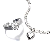 Sterling Silver Heart Ankle Bracelet + CZ Toe Ring Set