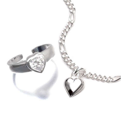 Sterling Silver Heart Ankle Bracelet + CZ Toe Ring Set