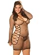 Plus Size SeXy Black V neck Fence Net Mini Dress Matching g-string Pantie Queen