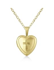Antique Style Cross Engraved Heart Shaped Locket Pendant Necklace For Women 14K Yellow Gold Vermeil