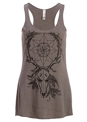 Womens Grey Bohemian Bull Skull Dreamcatcher Loose Fit Tank Top