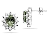 7X5mm Oval Shaped Green Amethyst and Diamond Flower Earrings in 14k White Gold