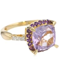Sterling Silver with Yellow Gold Plated Amethyst, Rose De France and Diamond Ring, Size 7