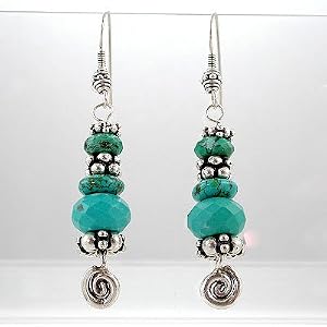 Southwestern Turquoise Gemstone and Sterling Silver Bead Dangle Earrings with Spirals and Raindrop Beads, #8554