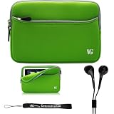 Eco Green Slim Design Soft Neoprene Carrying Cover Case with extra pocket for Pandigital Novel 7" Color Multimedia White eReader + Indlues a 4-Inch Determination Hand Strap + Includes a Crystal Clear High Quality HD Noise Filter Ear buds Earphones Hea