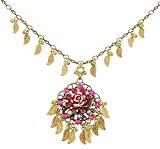 Michal Negrin Necklace Crafted with Dangle Leaves and Beads, Vintage Flower, Beads, Fuchsia and Green Swarovski Crystals