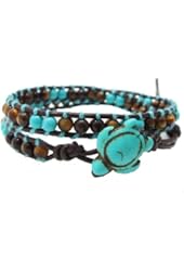 Ocean Sea Turtle Tiger's Eye and Reconstructed Turquoise Double Wrap Leather Bracelet