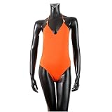 Roberto Cavalli one-piece bright orange swimsuit with halter ties and signature jewel encrusted bijou