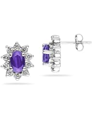6X4mm Oval Shaped Amethyst and Diamond Flower Earrings in 14k White Gold
