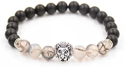 KOKY Dragon Veins Agate Beads Beaded Black Matte Stone Stretch Bracelet with Silver Lion Head