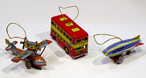 Dornier 18 Seaplane, #118 Double Decker Bus & Graf Zeppelin - Set of 3 "Vintage-Look" Real Metal Christmas Toy Ornaments (Each Is Approx. 3.5 " Long X 2 " High)