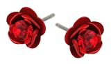 Michal Negrin Silver Coating Earrings with Hand-painted Baby Roses and Red Swarovski Crystals