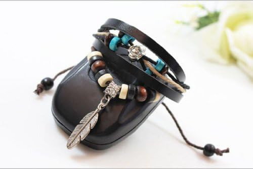 Aokdis HOT Selling New Indian Style Wooden Bead Wrist Bracelet Leather Feather Jewelry