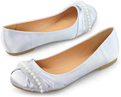 SHOEZY Women's Satin Ballet Flat Round Toe Wedding Bridesmaid Shoes Pearls Comfort Silver US 9.5 (Half Size Smaller)