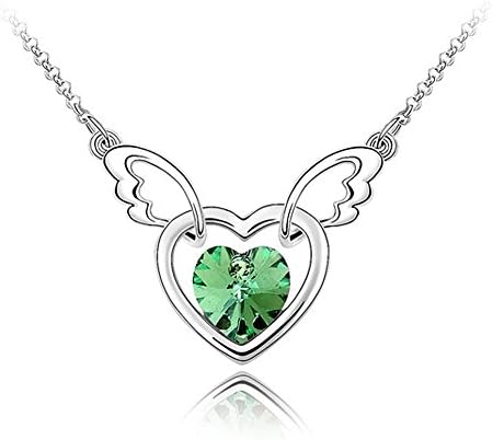 PurryRing Austrian Peridot Green Angel Wing with Open Heart Crystal Pendant Necklace