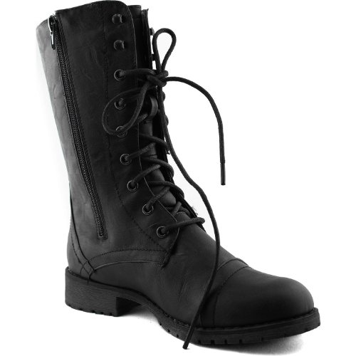 Women's Combat Military Cowboy Mid Calf Rubber Sole Lace up Ankle