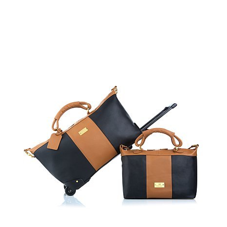 JOY Colorblock Genuine Leather Carry-On Wheeled Duffle and Bag Set – Jet Black/Rich Saddle JOY Colorblock Genuine Leather Carry-On Wheeled Duffle and Bag Set – Jet Black/Rich Saddle
