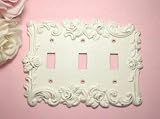 Wall Plates: White Shabby Triple Switchplate Cover with Roses - Sweet Chic