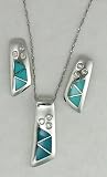 14k White Gold Pendant and Earring Set Ttw 0.28k G.VS Diamonds and Turquoise Inlay