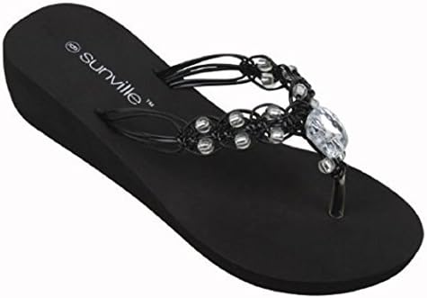 Womens Fashion Wedge Sandals Thongs Flip Flops W/Stones 2 Colors (11, Black 2335)