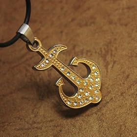 Cz Diamond Model Design Gold Anchor Mens Pendant for Uni-sex on a Rubber Cord with Box J1145