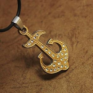 Cz Diamond Model Design Gold Anchor Mens Pendant for Uni-sex on a Rubber Cord with Box J1145