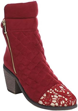 QUEEN CHATEAU JONES-3 Women's Quilted Mesh Double Zip Chunky Heel Ankle Booties, Color:RED, Size:6