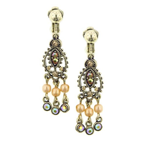 Brass Tone Simulated Pearl Mini Chandelier Clip On Earrings