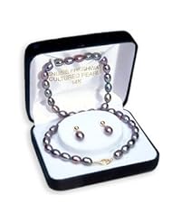 14k Gold Black Rice Pearl Necklace and Earring Set 6.5-7mm - Valentines Gift