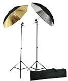 Double off Camera flash Photo Studio Photography Flash Shoe Mount Swivel Bracket Umbrellas Stands 2 stands, 2 flash mount bracket, 2 shoot through umbrellas, 1 sliver reflective umbrella, 1 gold reflective umbrella+ Carrying Bag By Fancierstudio Fan UB4
