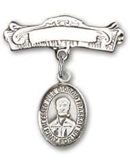 Sterling Silver Baby Badge with Blessed Pier Giorgio Frassati Charm and Arched Polished Badge Pin
