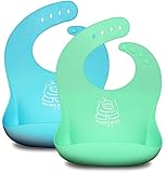 Silicone Baby Bib with Crumb Catcher, Waterproof Set BPA Free Flexible Silicone Girl and Boy, Stain Resistant Wipes Clean (Blue / Green)