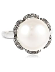Black Rhodium Plated Sterling Silver 12-12.5mm Freshwater Cultured Pearl and Black Diamond Ring, (0.1 cttw)