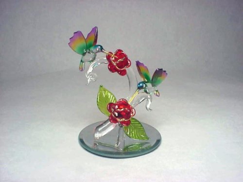 Spun Glass Hummingbirds with Red Flowers on a Beveled Mirror Base Figurine