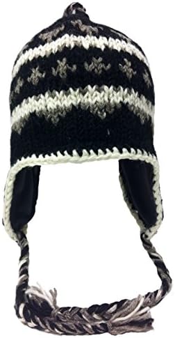 Nepal Hand Knit Sherpa Hat with Ear Flaps, Trapper Ski Heavy Wool Fleeced Lined Cap