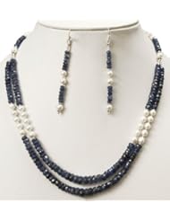 Exclusive Designer Natural 2 Rows Faceted Sapphire & Pearl Beaded Necklace with Free Earrings