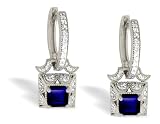 14K White Gold Genuine Square Sapphire and Diamond Lever Back Earrings