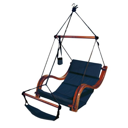 Blue Hammock Hanging Air Chair with Curved Wooden Armrest