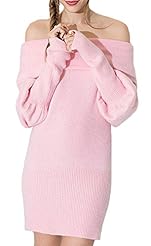 Sexy Off the Shoulder Puff Sleeves Knit Sweater Bateau Neck Fitted Wrap  Dress