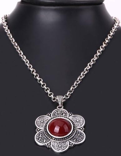 Handmade Jewelry Tibetan Silver Agate Flower Shape Pendant Adjustable Necklace