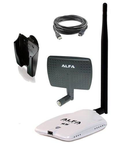 Alfa AWUS036NHR - High-Gain 2000mw 2W 802.11 B/G/N Wireless USB Network Adaptor with a 5dBi Omni-Directional Antenna and a 7dBi Panel Antenna and a 5m (16.4 Feet) USB Cable and a Suction cup / Clip Window Mount dock - Wireless-N 802.11n Wi-Fi - 150Mbps - 2.4 GHz - 5dBi Antenna - Long Range - Realtek Chipset - Strongest on the Market